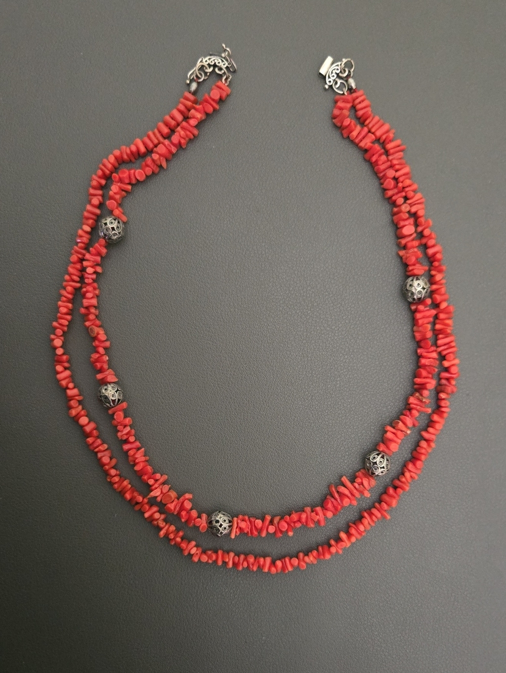 Vintage Red Coral Chip Necklace with Silver Filigree Beads